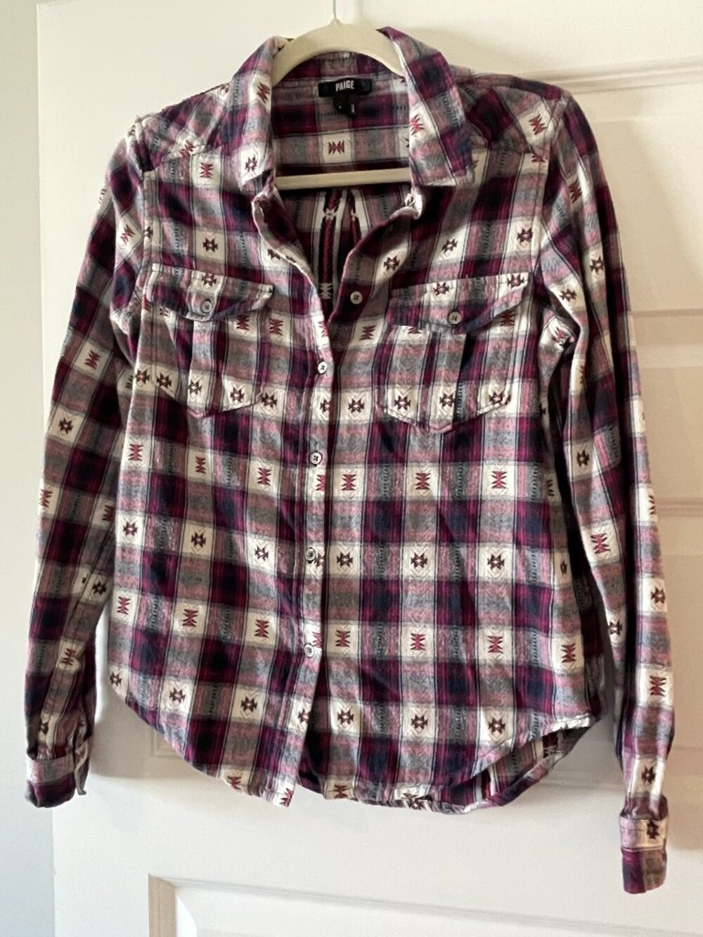 PAIGE Plaid Southwestern Embroidered Cotton Button Down Flannel Shirt S